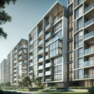 DALL·E 2024-11-30 21.35.06 - A realistic depiction of a modern apartment building viewed from a side perspective. The building design includes sleek glass windows, a combination o